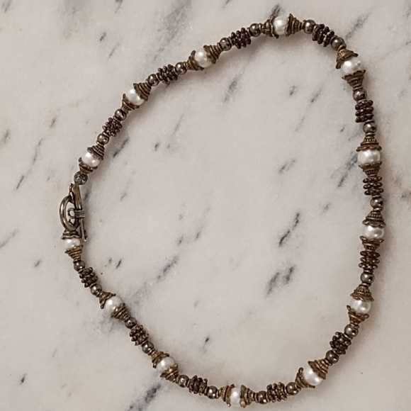 Vintage Antique Gold, Brass & Pearl Beaded Necklace With Toggle Clasp - Picture 9 of 9